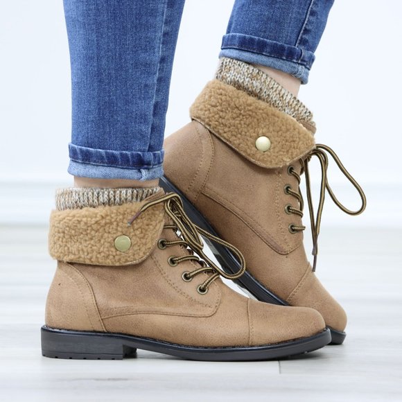 Shoes - Sherpa Ankle Lined Combat Flat Heel Ankles Boots Tan Faux Leather